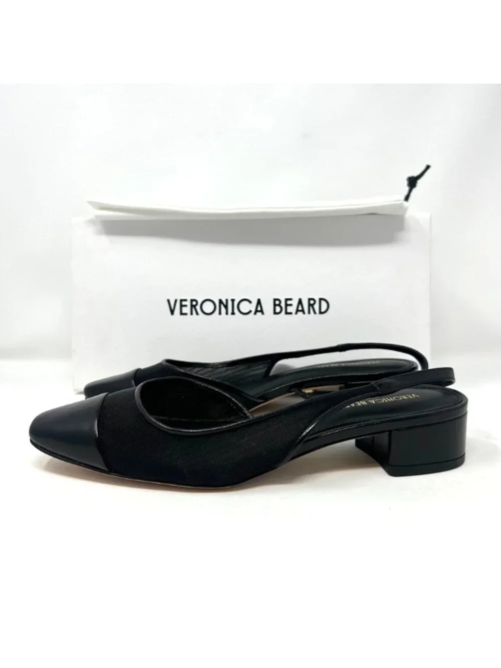 Veronica Beard Cecile Black Mesh Leather Cap Toe Slingback Heels Pumps 6.5M